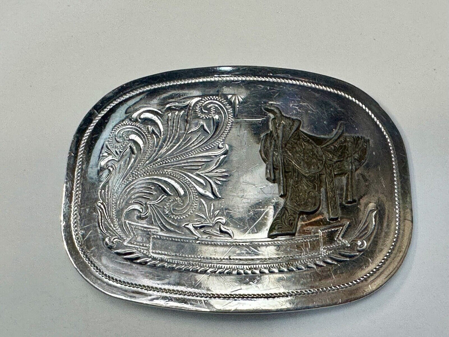 Vintage Cowboy Horse Saddle western belt buckle - blank award ribbon