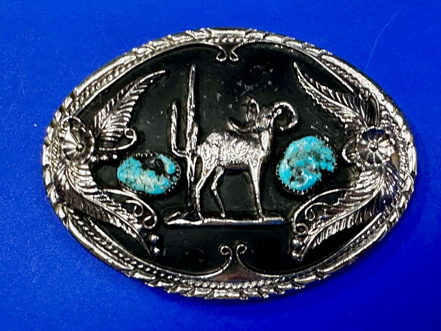 Bighorn Sheep Ram Mountain Goat Turquoise Stone Flower Leaf Western Belt Buckle