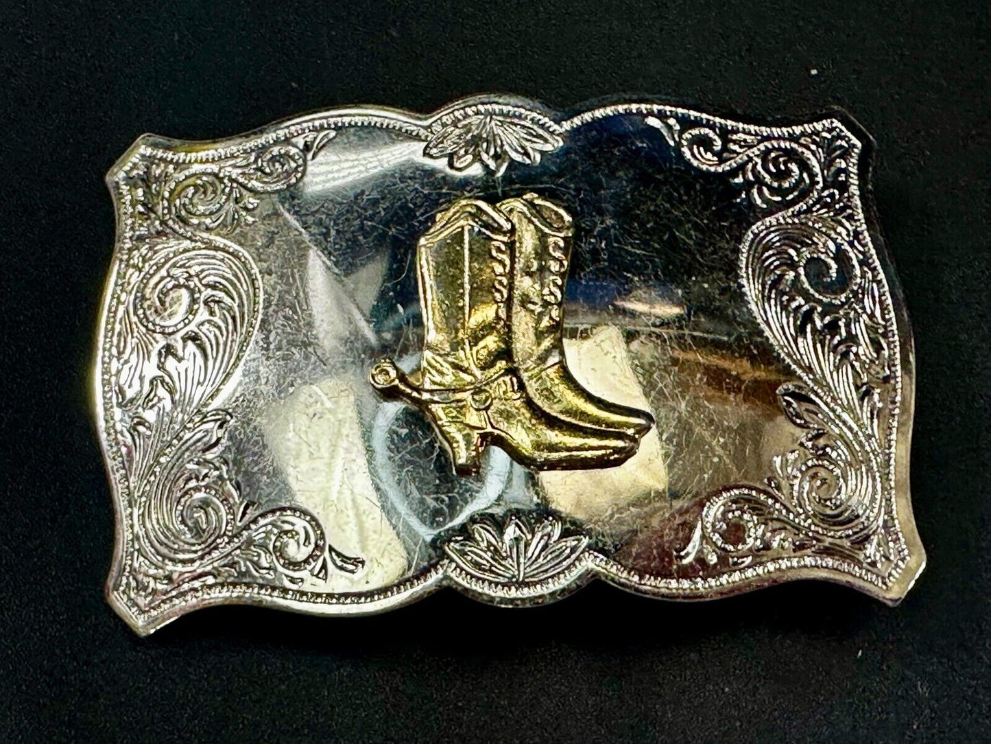 Vintage Cowboy Boots Engraved Swirl Border Two Tone Western Style Belt Buckle