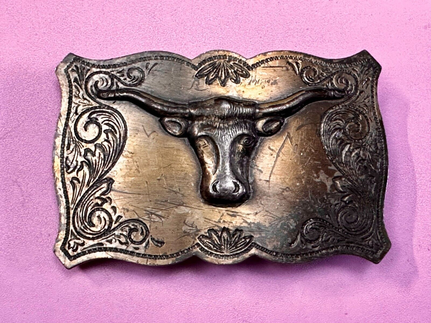 Texas Longhorn Steer Bull Cow Ornate Raised Dimensional Stamped Belt Buckle