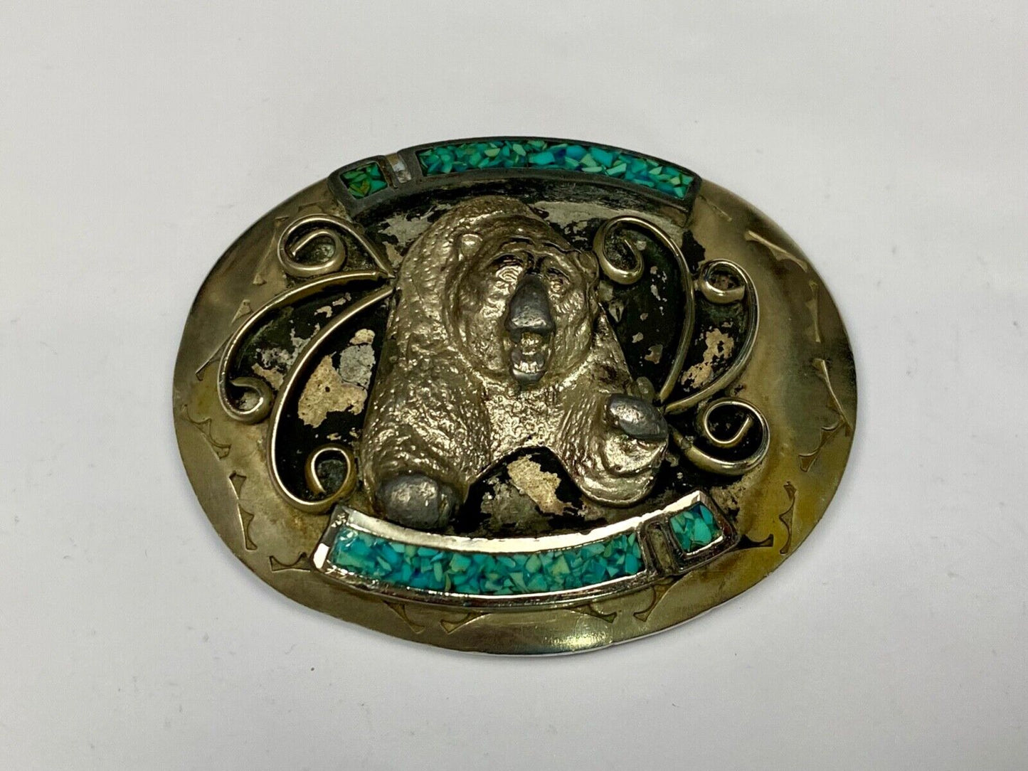 Bear Coming At You! Crushed Turquoise Belt Buckle - Hallmarked Nc? Navajo?