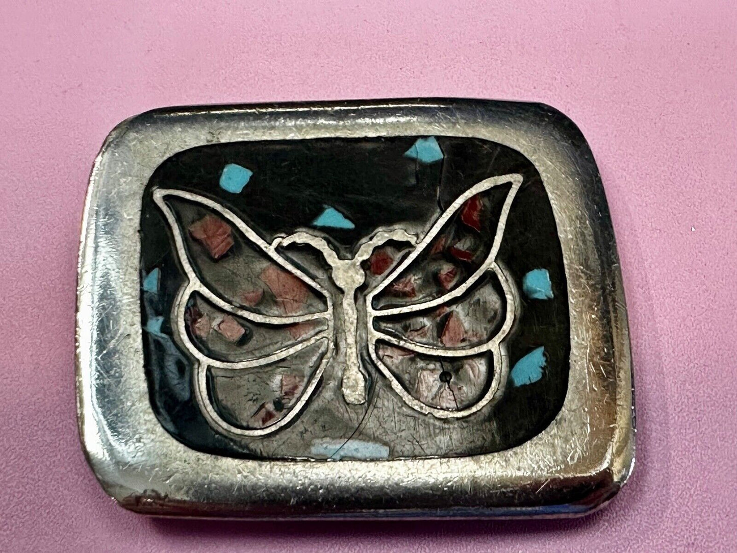 Artisan Butterfly in resin with Turquoise and coral colored chips Belt Buckle