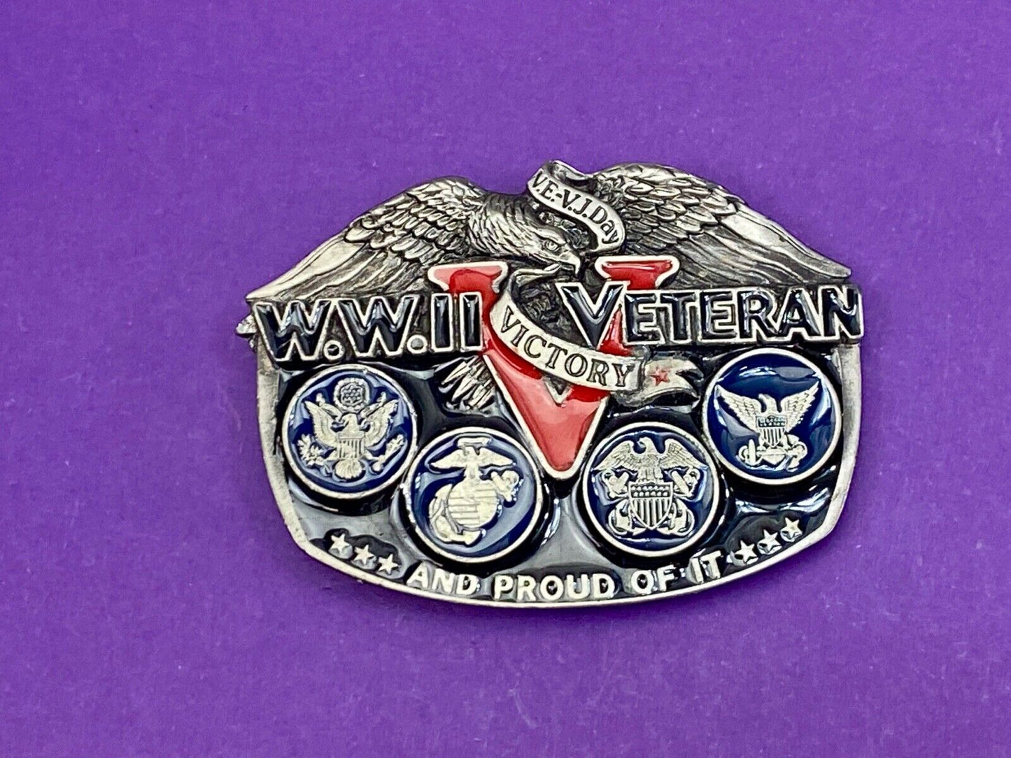 1980 Wold War II WW2 The American Veterans soldier belt buckle and proud of it!