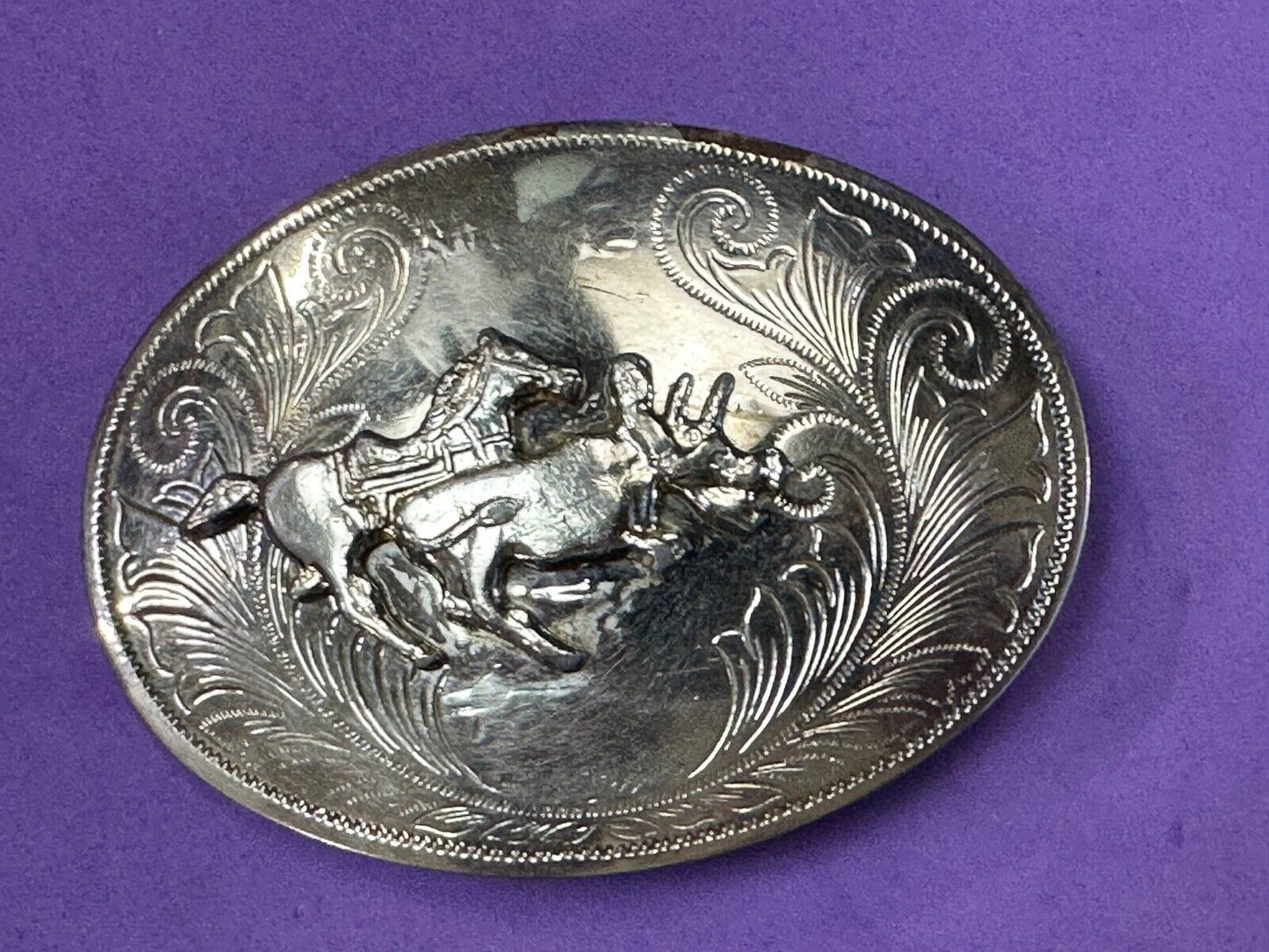 Vintage Cowboy Saddle Bronc western silver tone belt buckle