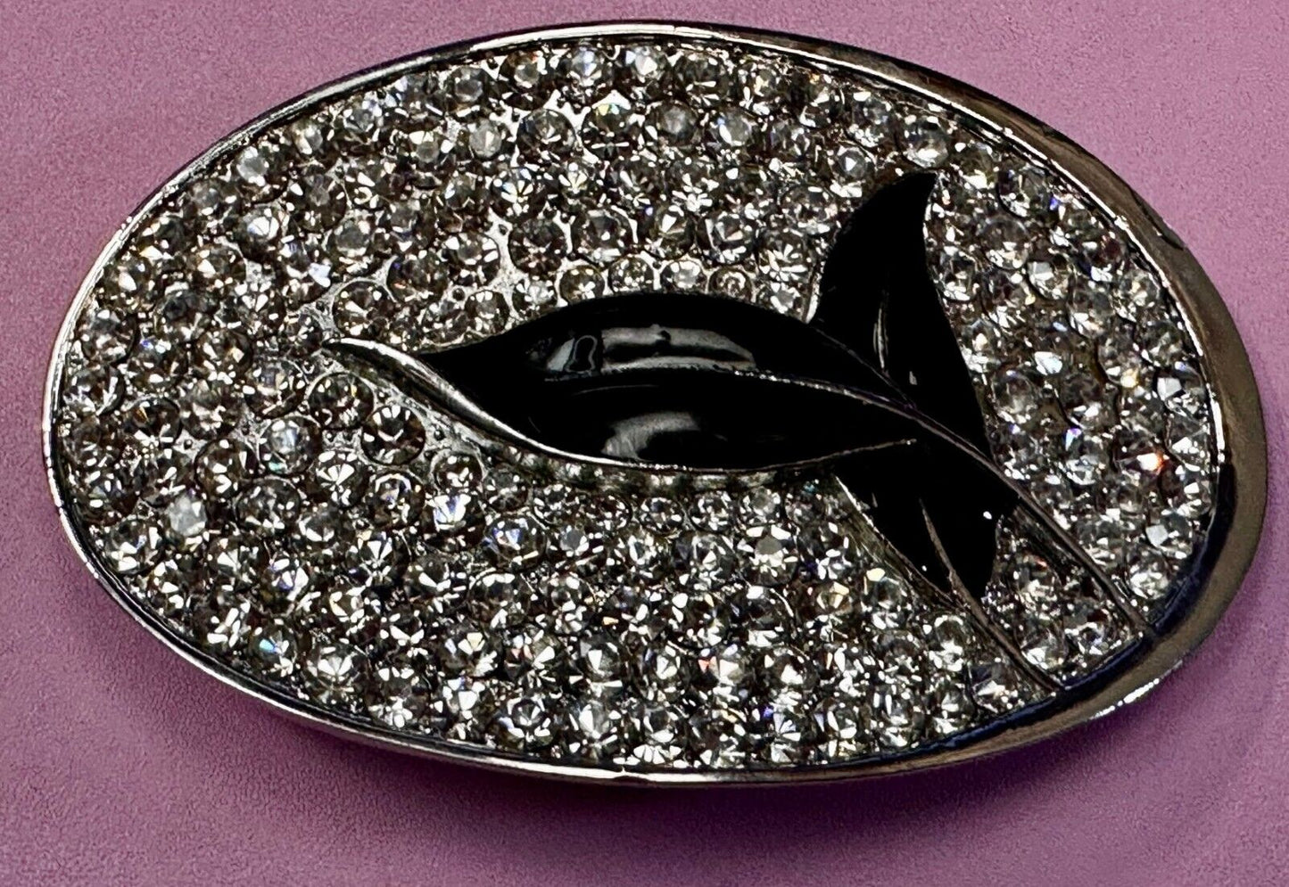 Black Leaf Design Silver Tone Clear Rhinestone Covered Oval Designer Belt Buckle