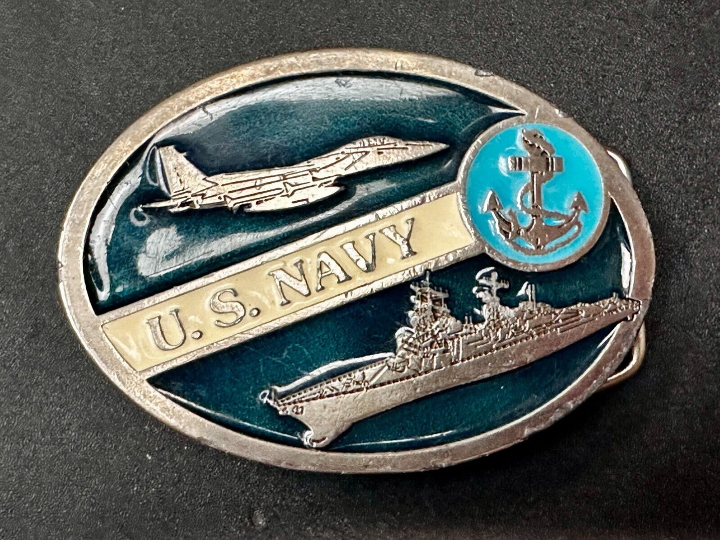 US Navy Fighter Jet Battleship Blue Anchor Vintage 3" Wide Belt Buckle #2260