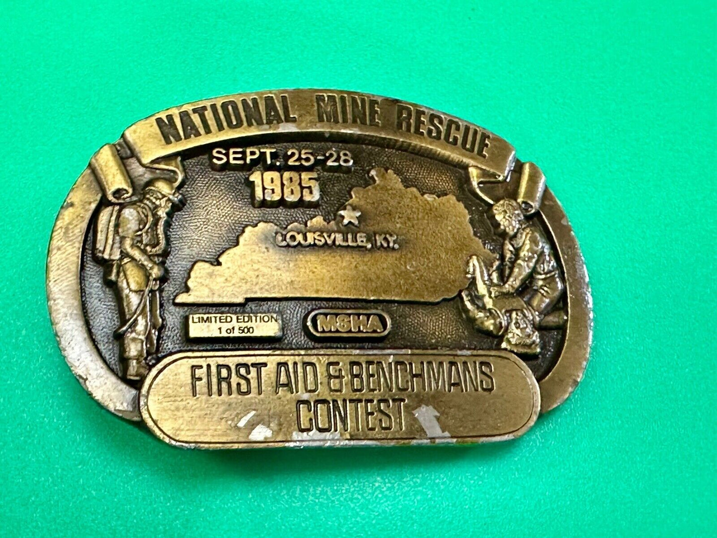 1985 National Mine Rescue Louisville KY MSHA First Aid contest belt buckle