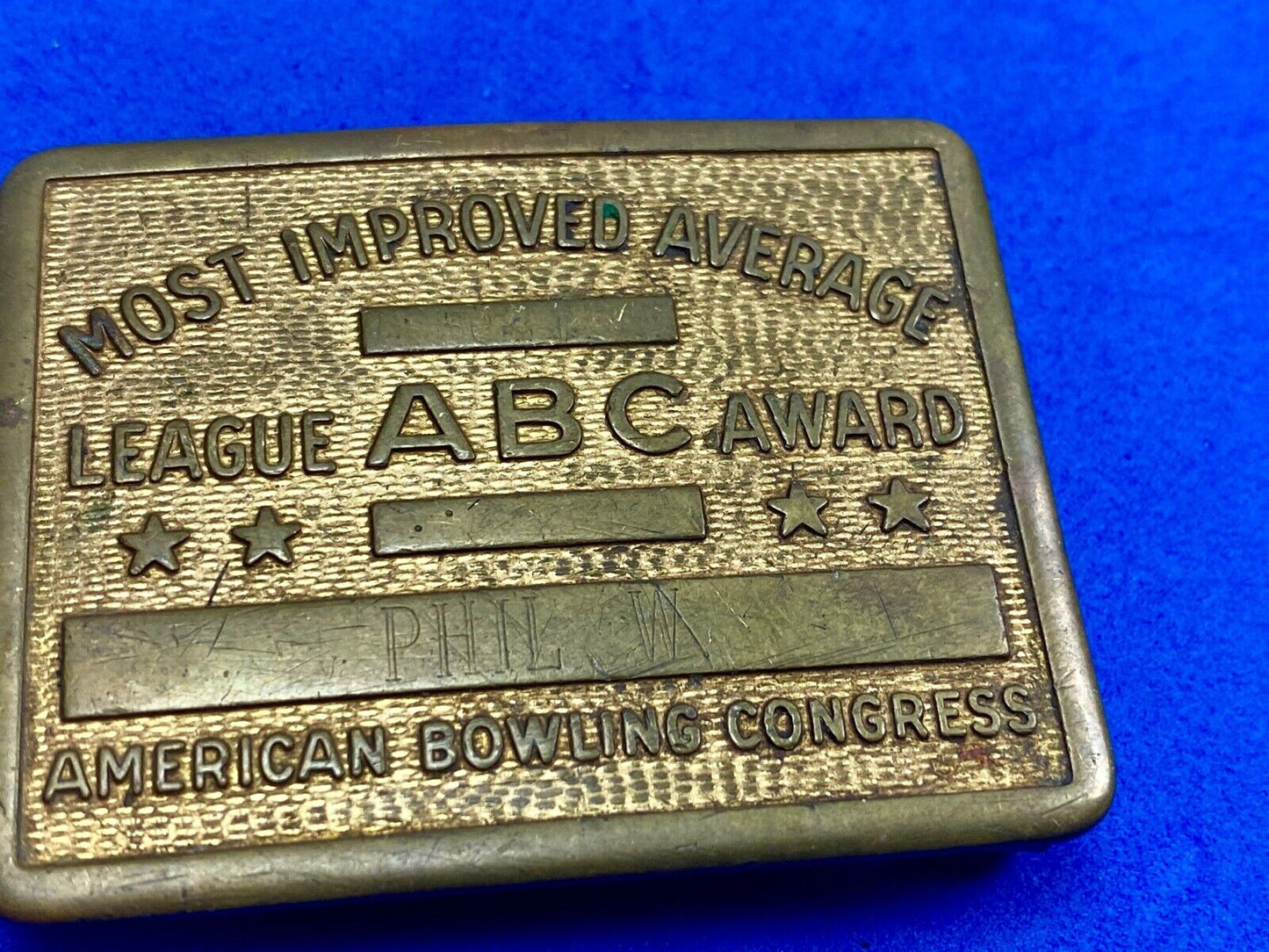Vintage bowling ABC American Bowling Congress most improved award belt buckle