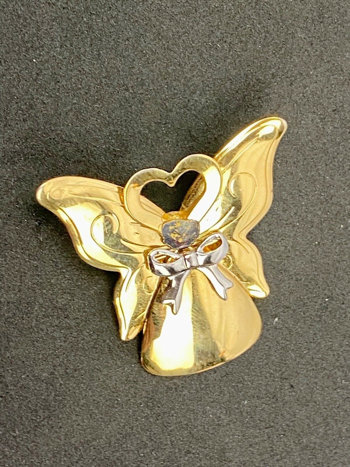 Vintage Angel Brooch Pin Gold Tone Rhinestone Heart Halo Butterfly Wings Jane