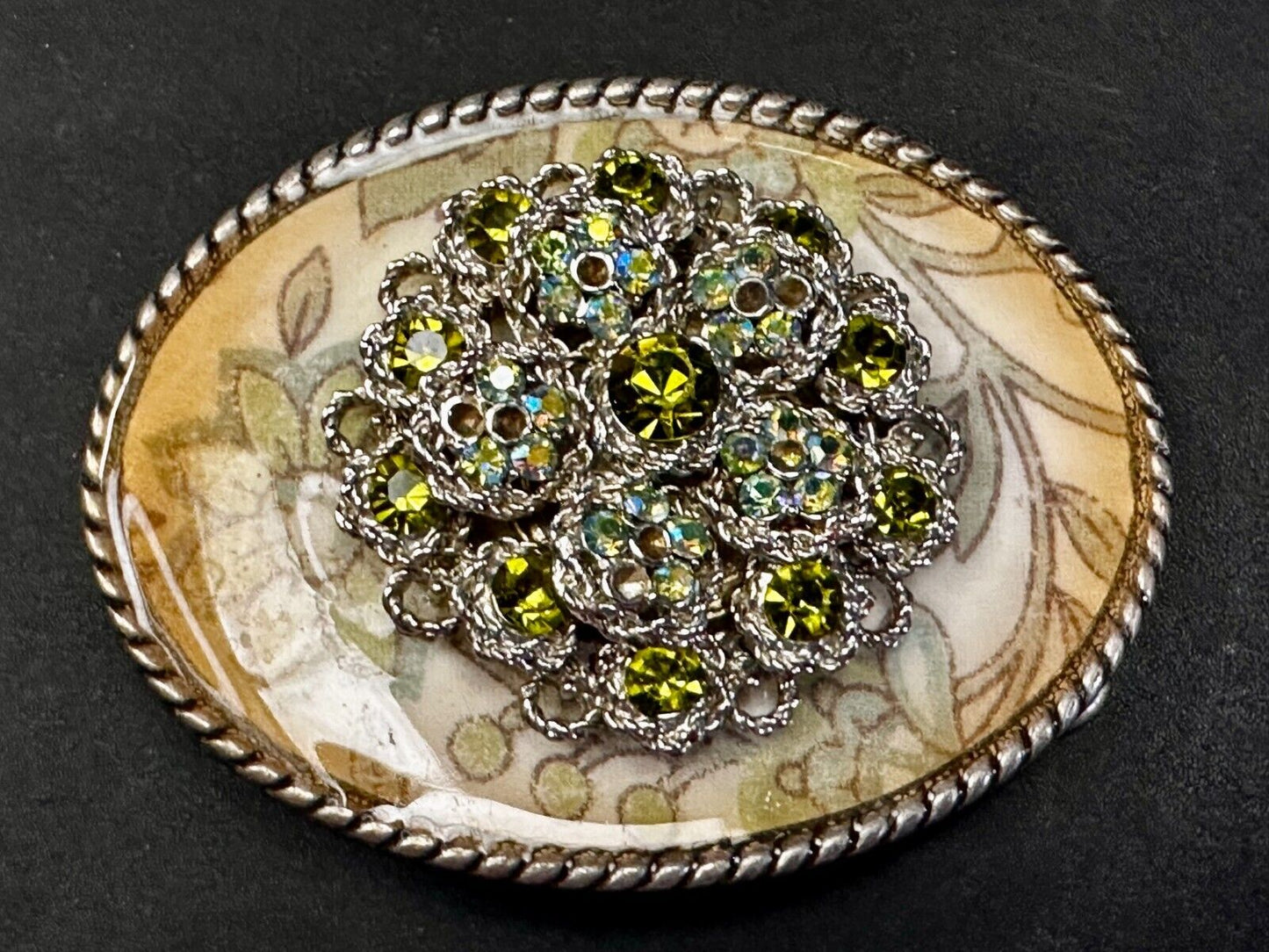 Beautiful Chunky Centerpiece Flower Pattern Rhinestone Accented IVAN Belt Buckle