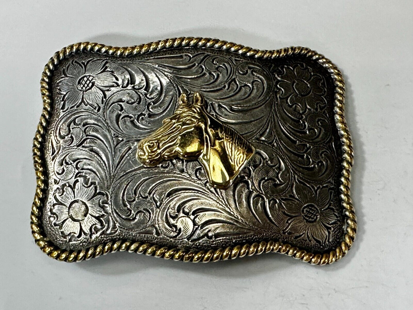 Beautiful Horse Head Centered Flower Swirl Two Tone Western Cowboy Belt Buckle