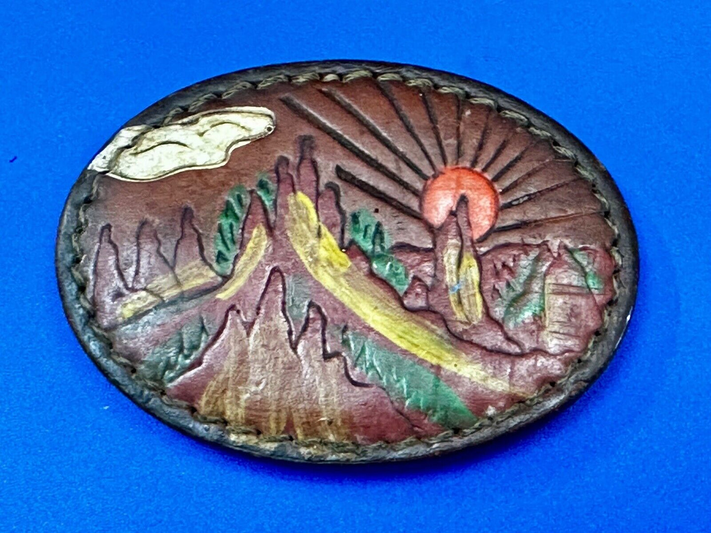 Beautiful Nature Scenery on Vintage Brown Leather Oval Belt Buckle