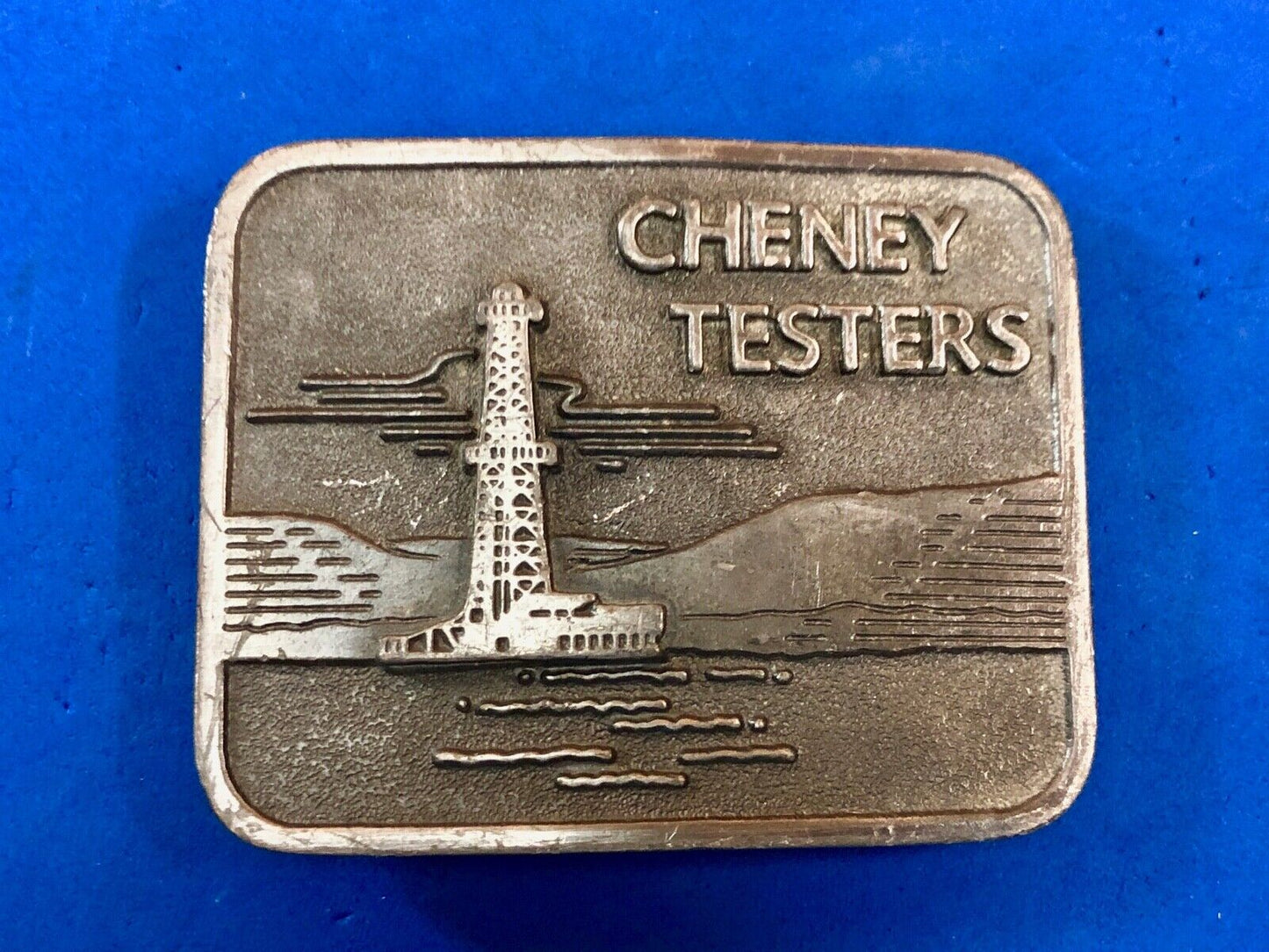 vintage Cheney Testers promo belt buckle -oil rig , back flow monitor company