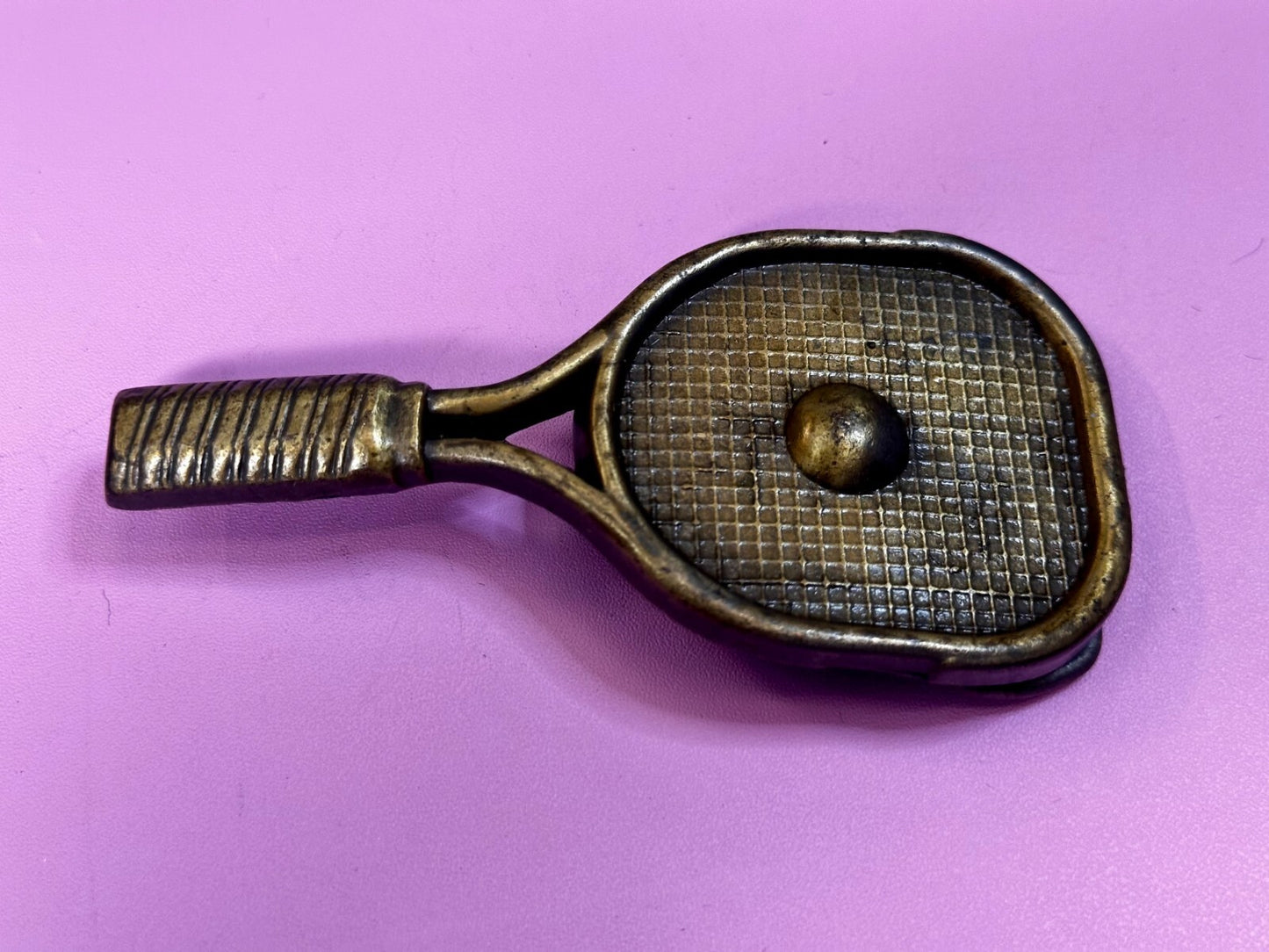 Tennis Racquet & Ball Figural Cutout Sports Game Brass Tone Vintage Belt Buckle