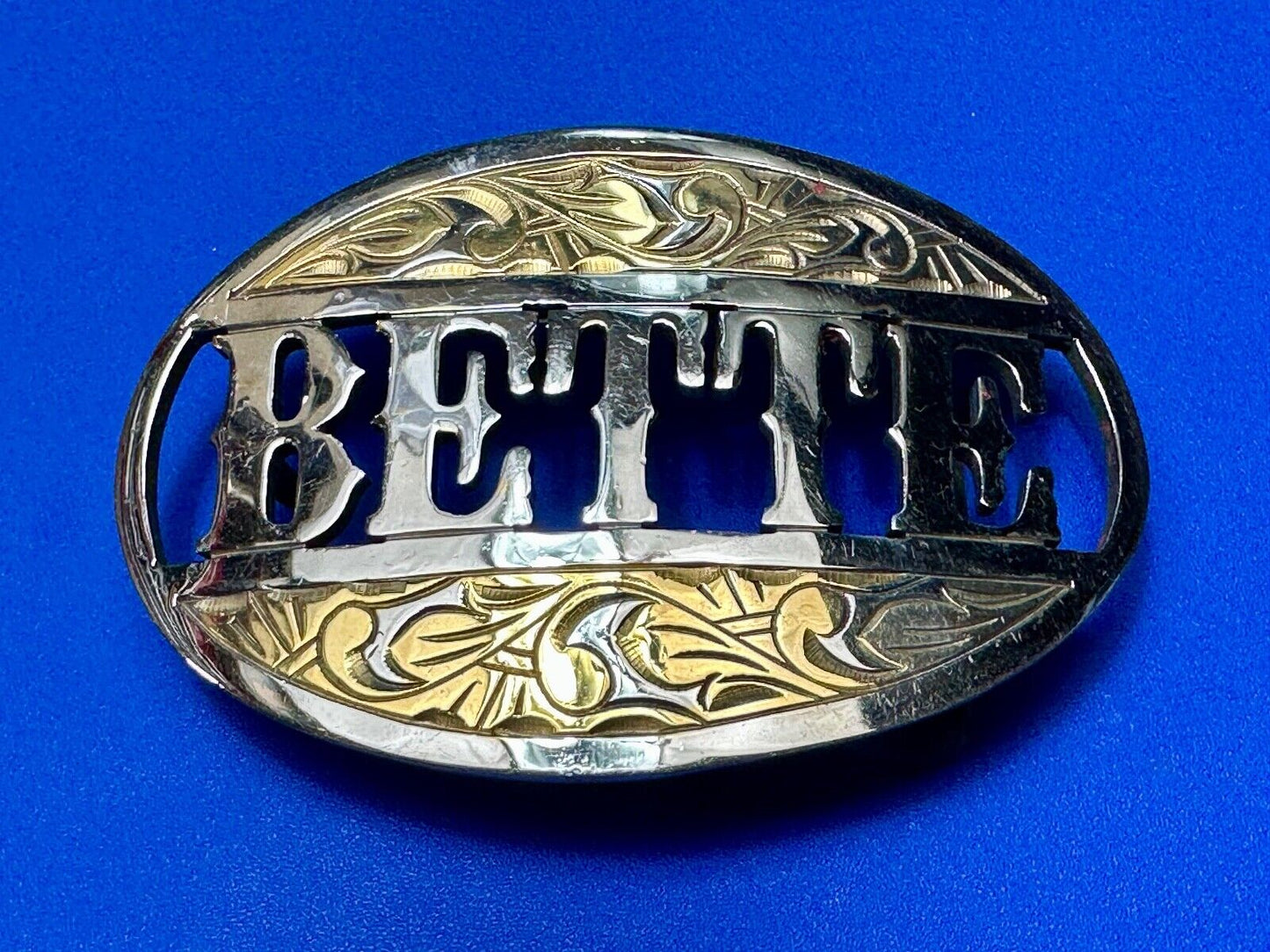BETTE - custom name on western two tone cutout see through vintage belt buckle