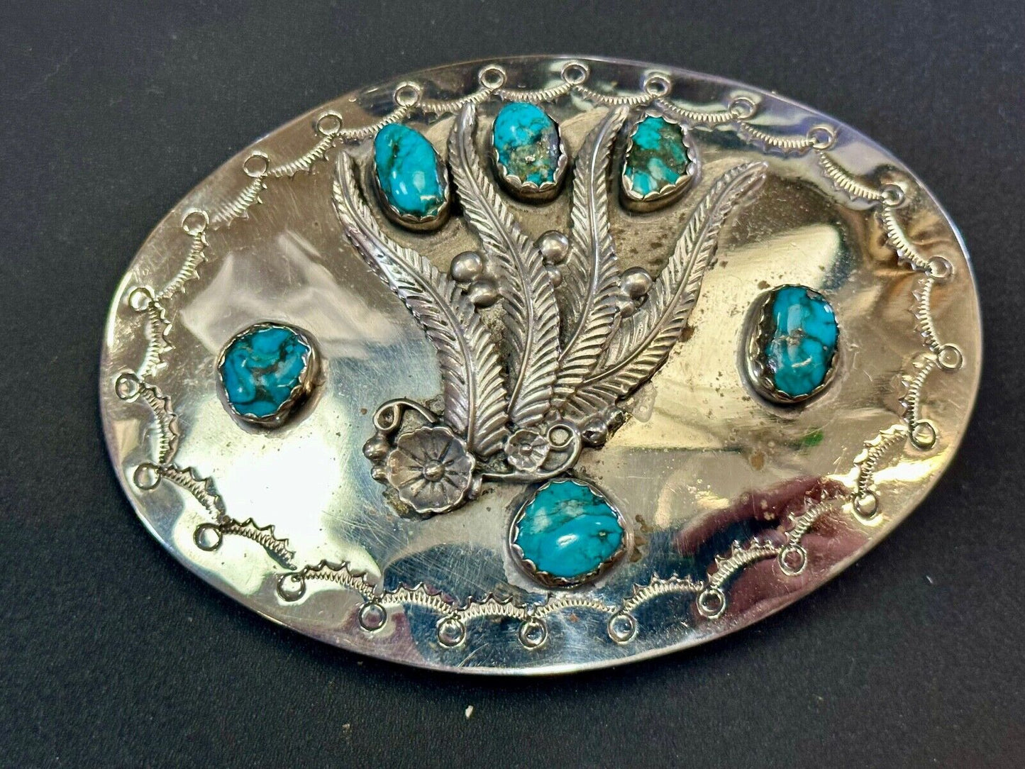 Unique 1980 signed multipal turquoise stones & Feathers belt buckle