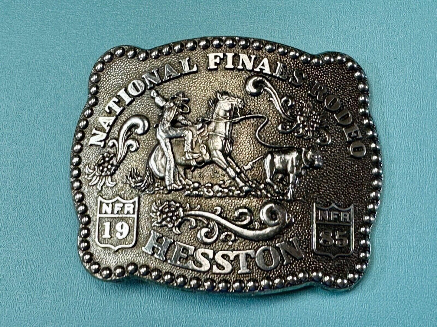1985 NFR Rodeo Vintage Hesston Belt Buckle Steer Wrestling Cowboy