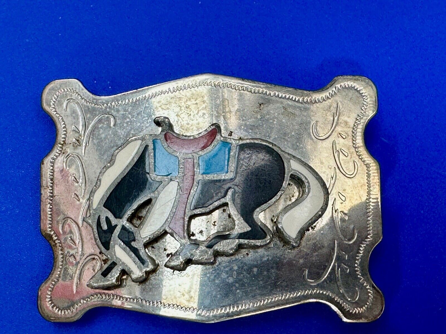 Vintage Cowboy's Horse Saddle Bronc western Inlaid enamel belt buckle
