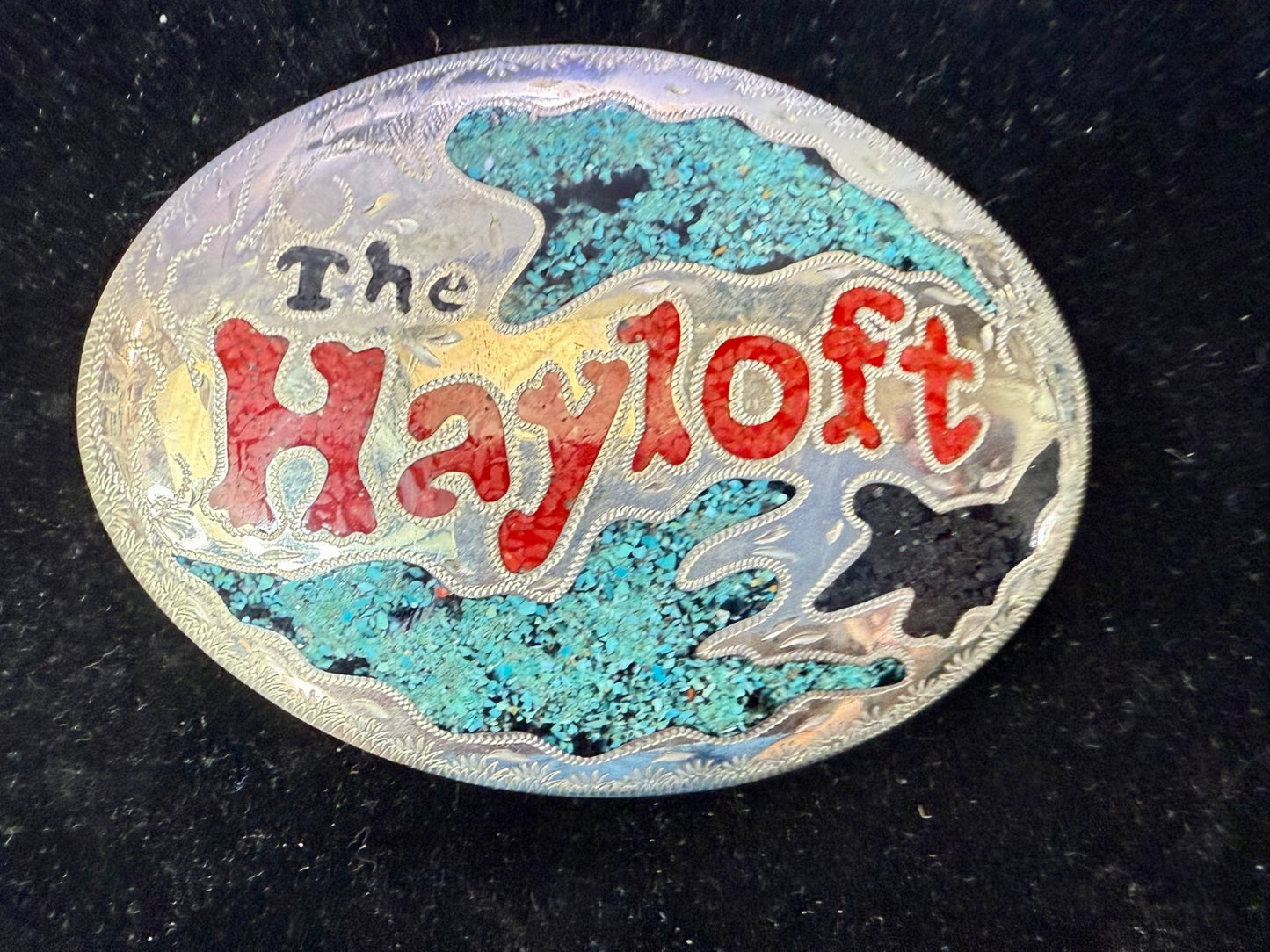 The Hayloft Large Turquoise Inlaid Champion's Choice Silver Belt Buckle CCS&S