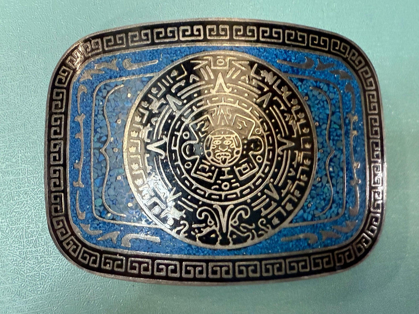 Aztec Mayan Calendar Turquoise Chip Inlay Tribal Art Belt Buckle Mexico Made