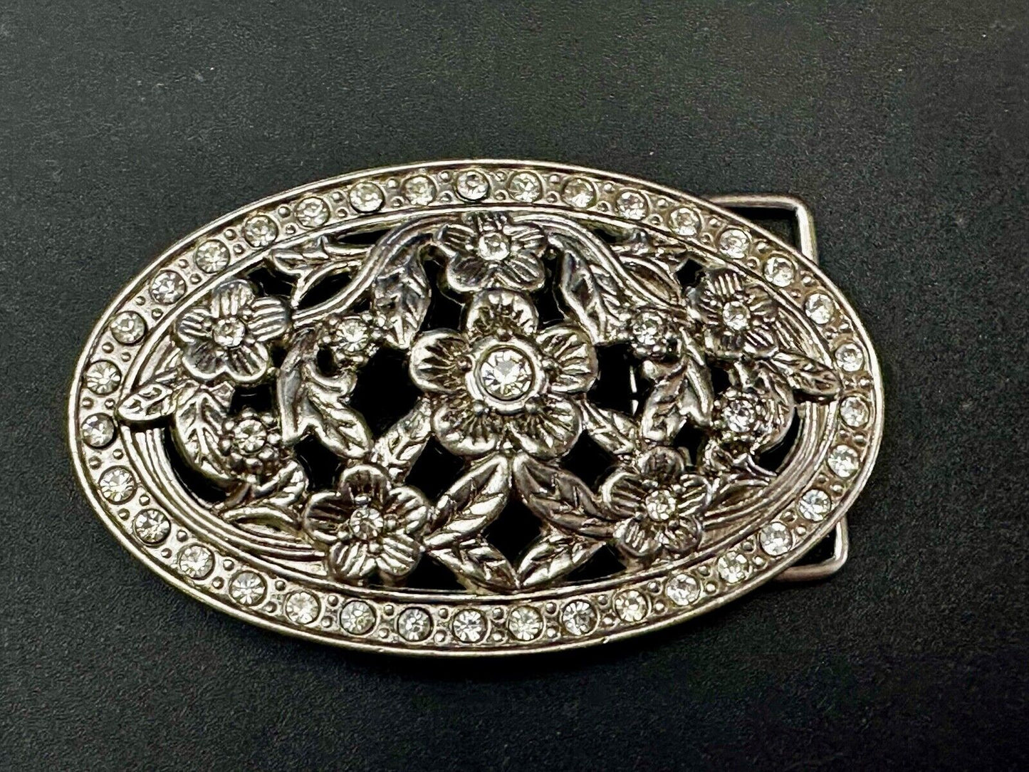 Swirl Flower Ornate Openwork Rhinestone Border Accent Silver Tone Belt Buckle