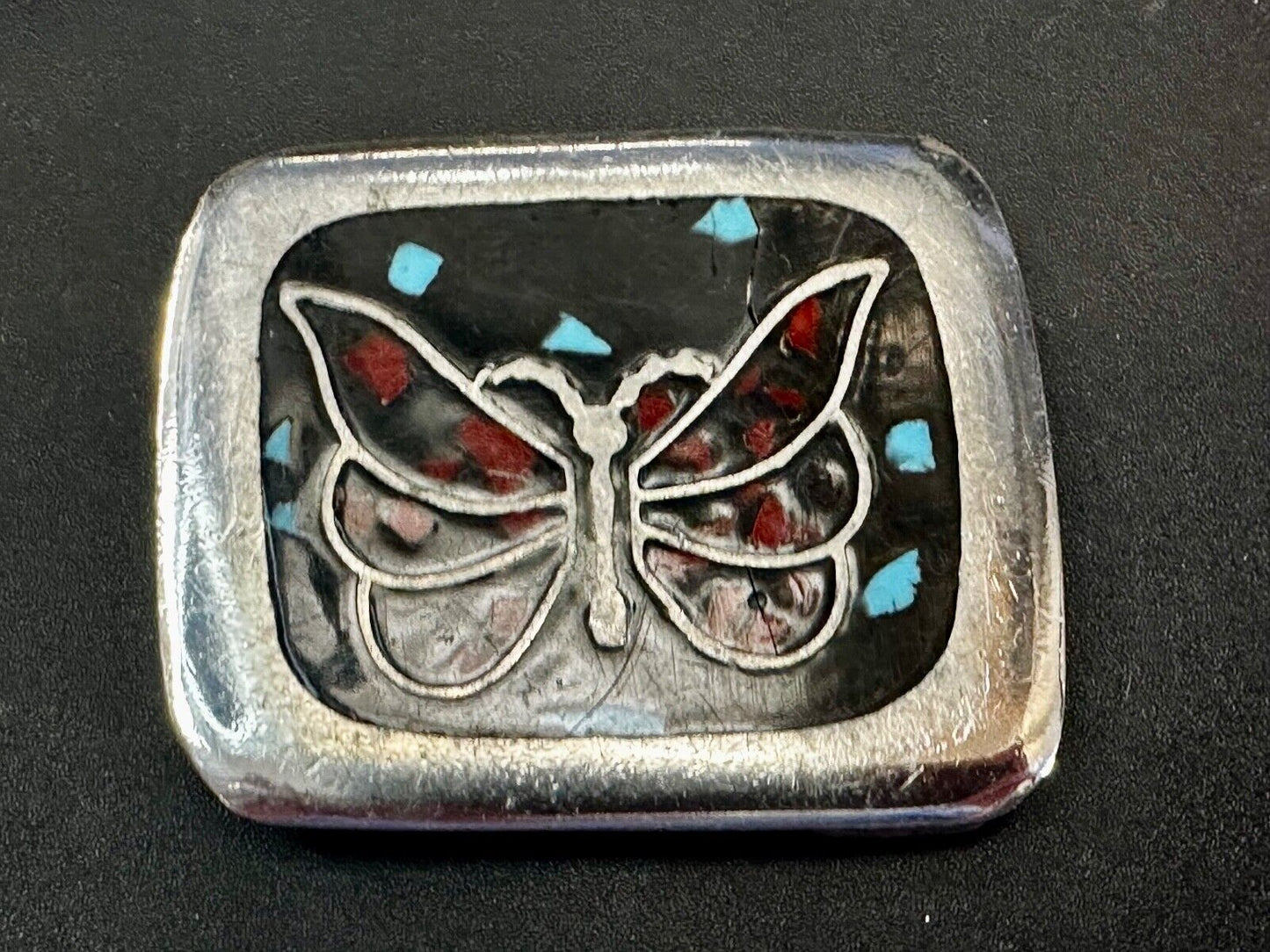 Artisan Butterfly in resin with Turquoise and coral colored chips Belt Buckle