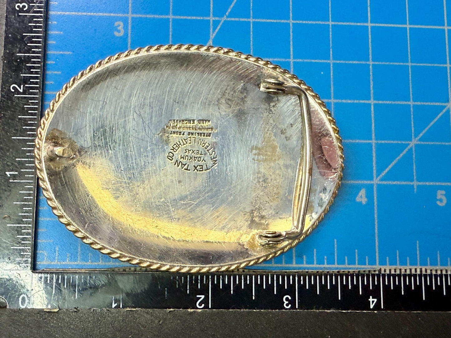 3 Horse Heads - Blank Ribbons Tex Tan Sterling Front Hand Engraved Belt Buckle