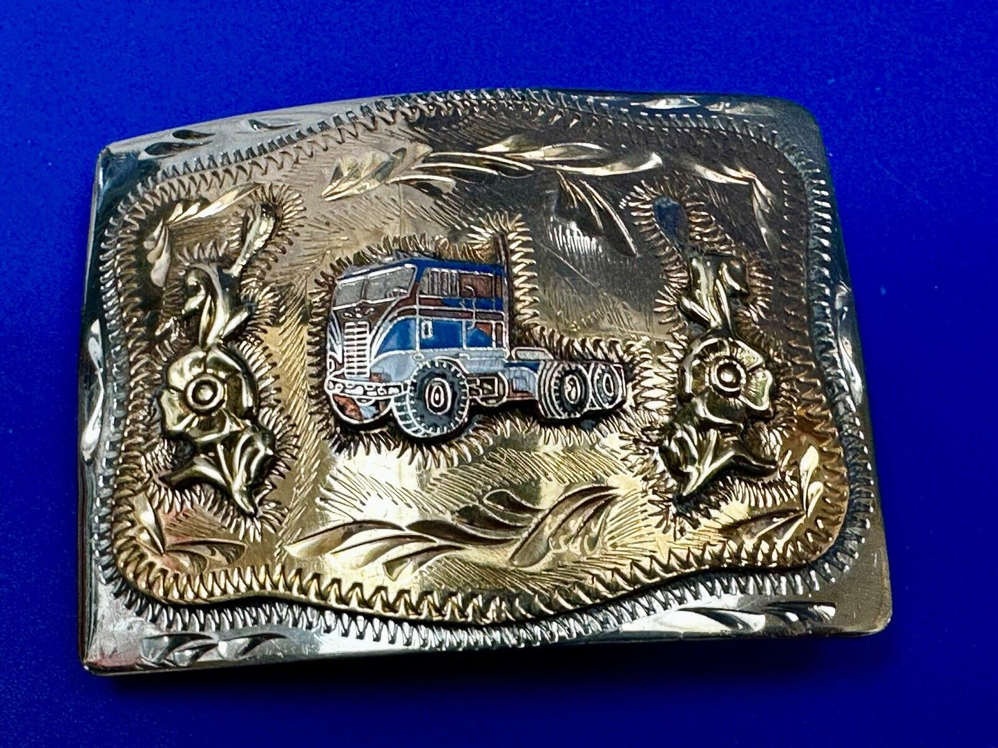 Beautiful custom Semi Drivers western two tone engraved accent Belt Buckle