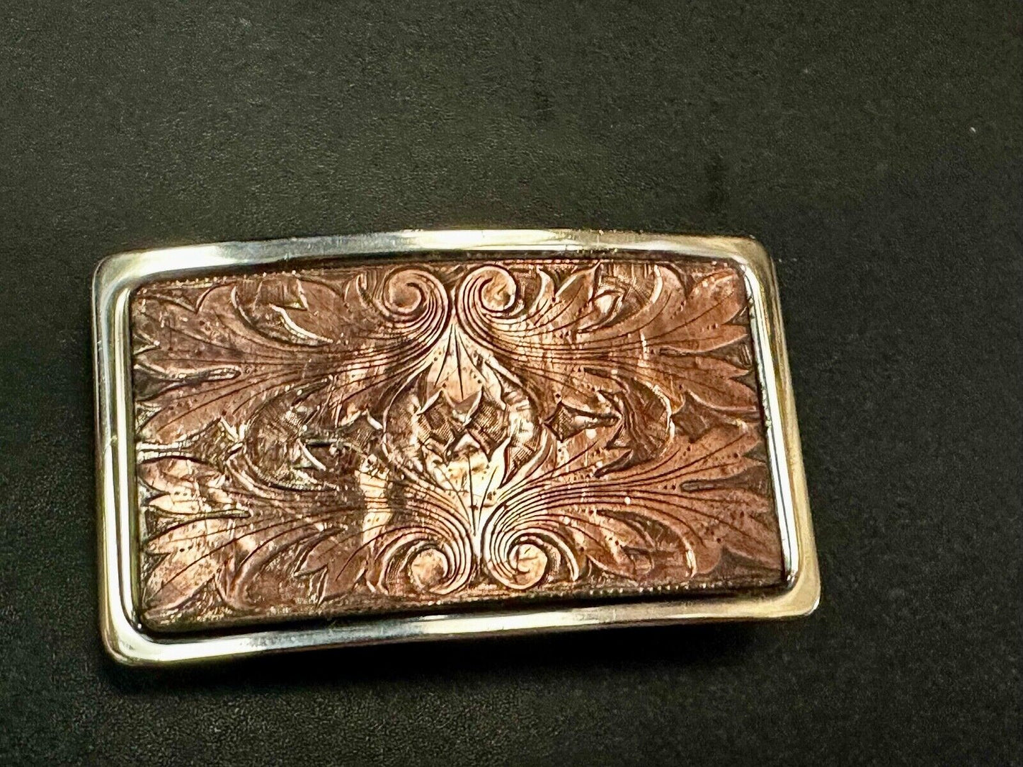 Vintage etched brown leaf pattern two tone Belt Buckle