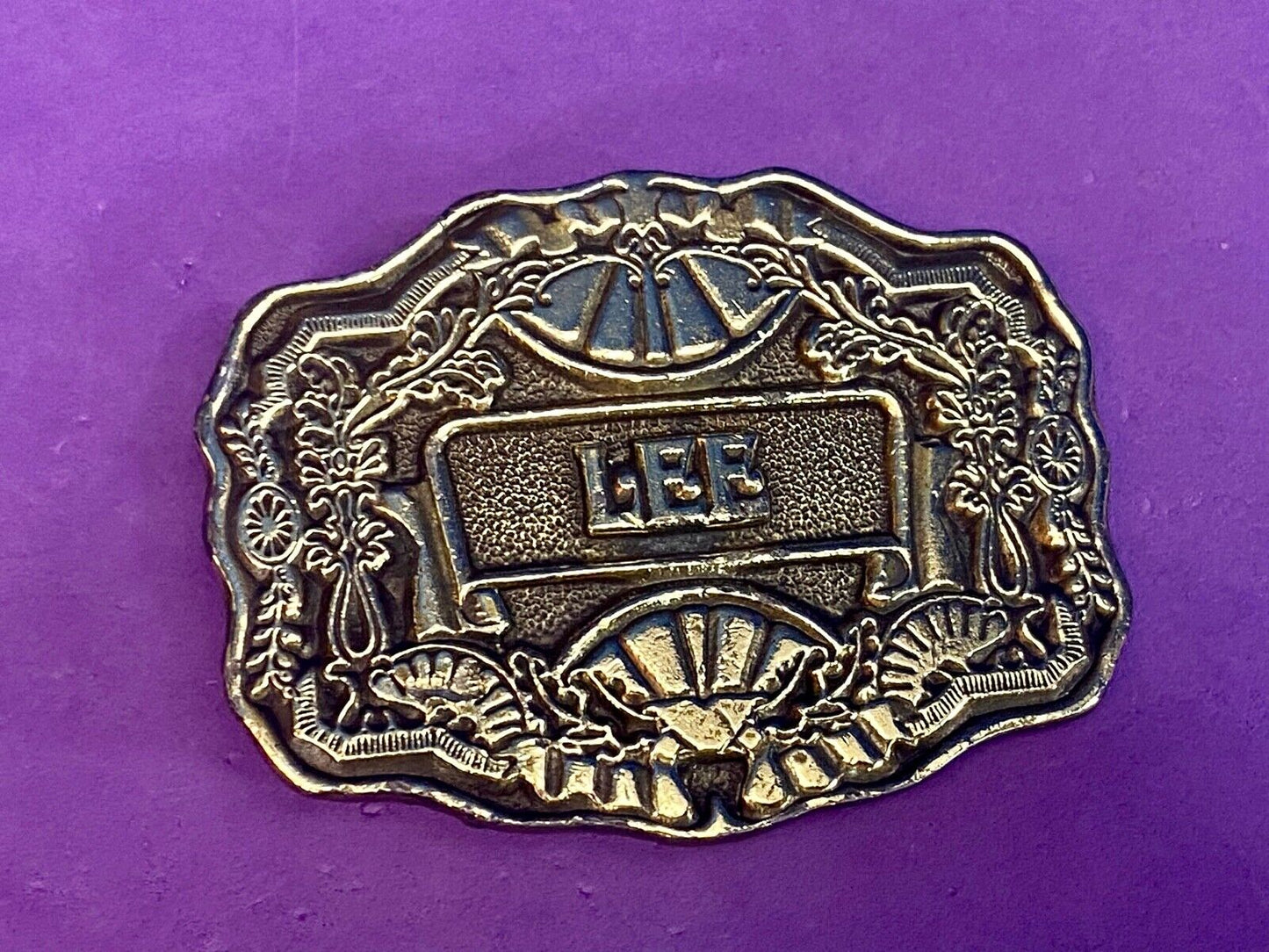 Vintage 1970'S Name Lee Western Framed Flower Swirl Belt Buckle By Oden