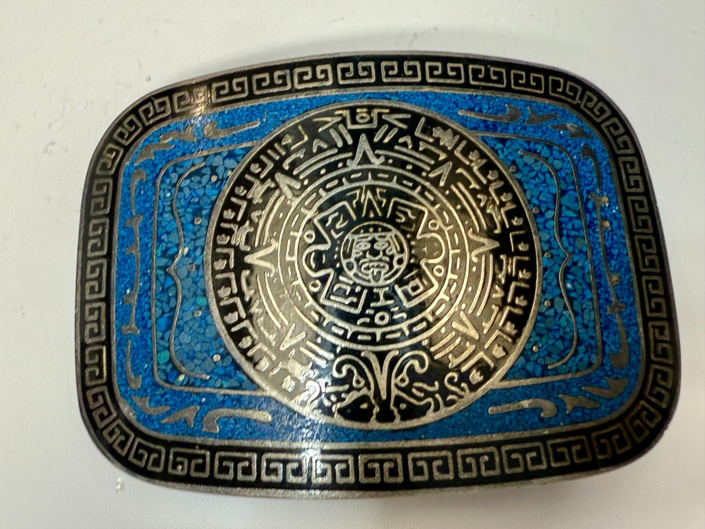 Aztec Mayan Calendar Turquoise Chip Inlay Tribal Art Belt Buckle Mexico Made