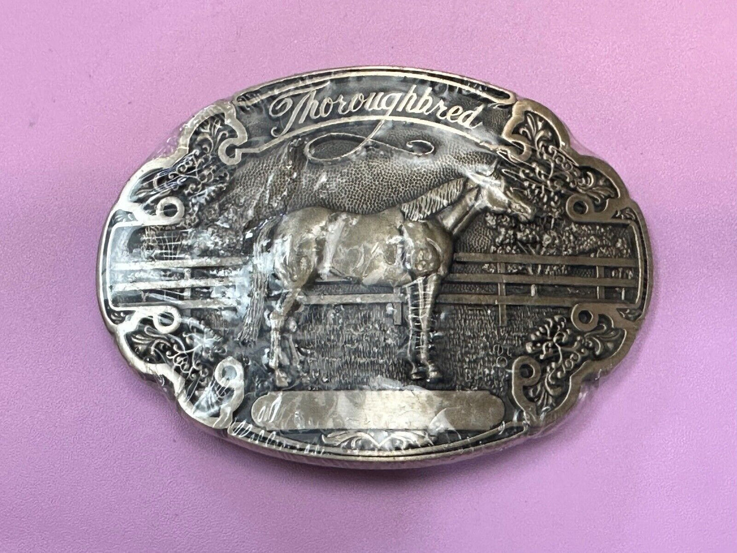 Thoroughbred Horse with Award Ribbon NOS Vintage ADM Solid Brass Belt Buckle