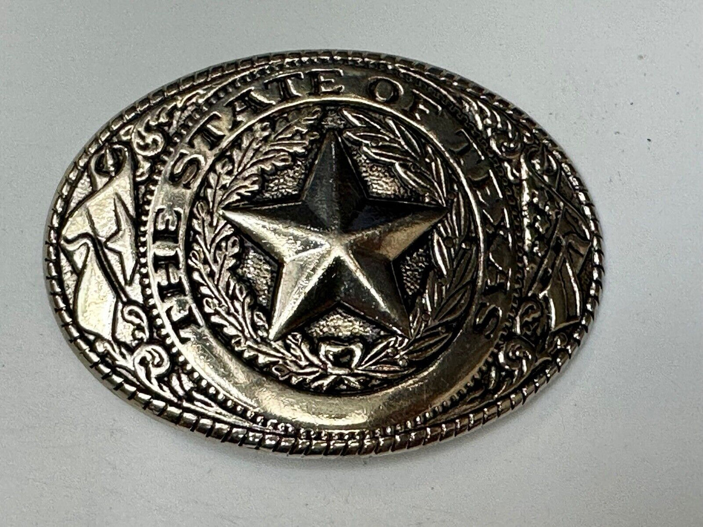 The Great State of TEXAS Star Flag Olive Branch Gold Tone Oval Belt Buckle