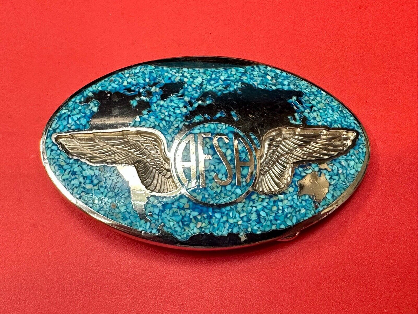 Air Force Sergeants Association AFSA Turquoise Chip inlaid oval belt buckle