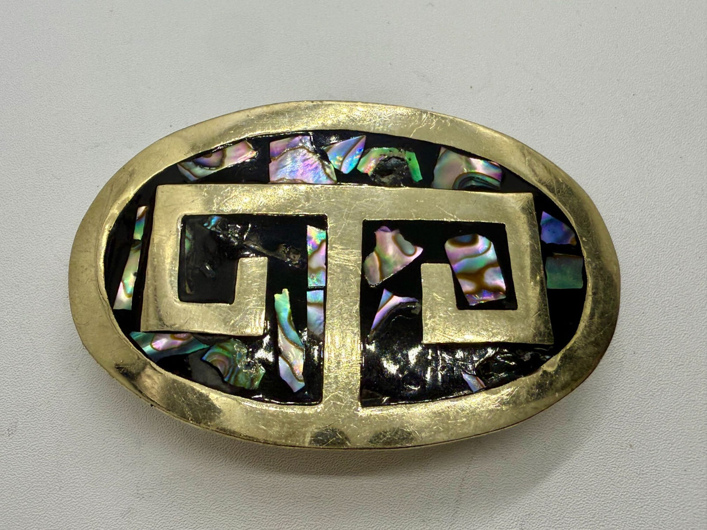 Vintage Alpaca Mexico Silver Tone Abalone Shell Pattern Oval Belt Buckle