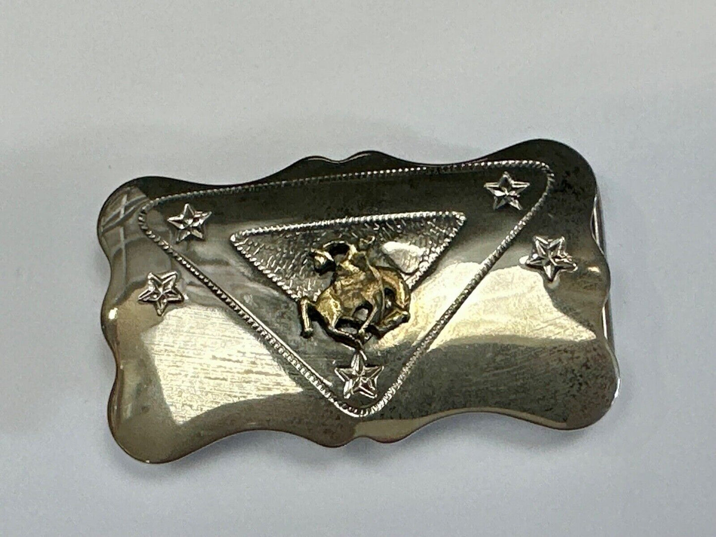Vintage Cowboy Saddle Bronc western two tone belt buckle with star accents