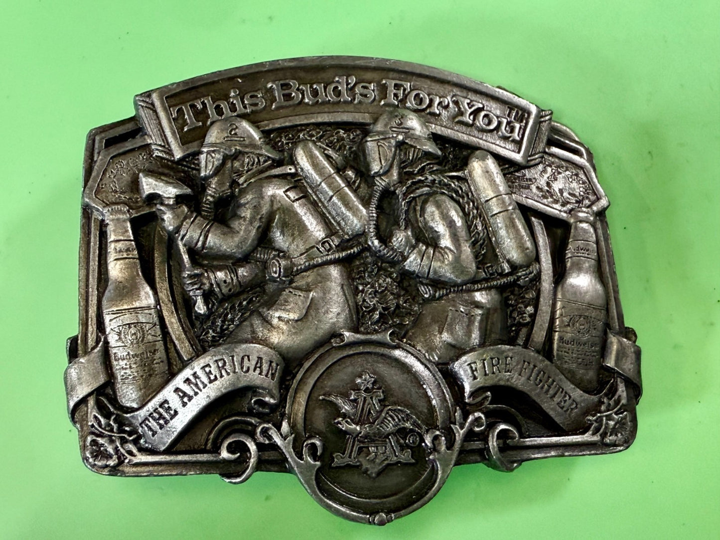 This Bud's For You The American Fire Fighter Anheuser-Busch Inc 1987 Belt Buckle