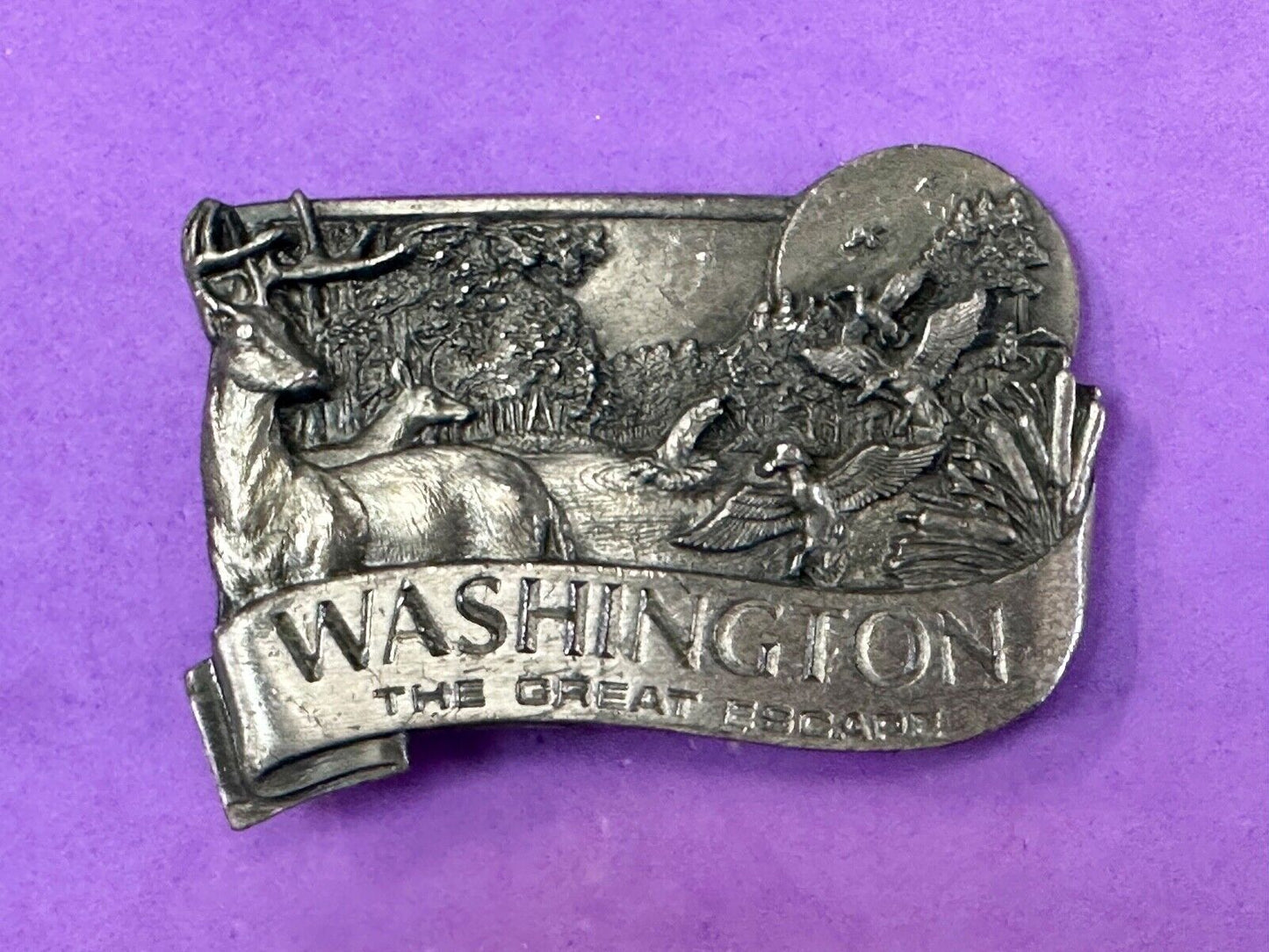 VINTAGE 1984 **WASHINGTON** THE GREAT ESCAPE PEWTER BELT BUCKLE BY BERGAMOT