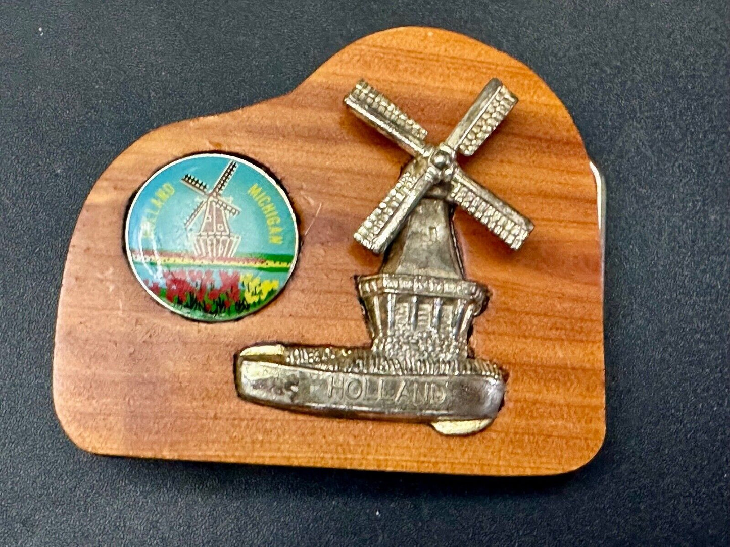 Vintage Artisan Inlaid Holland Michigan Pin and windmill Into wooden Belt Buckle