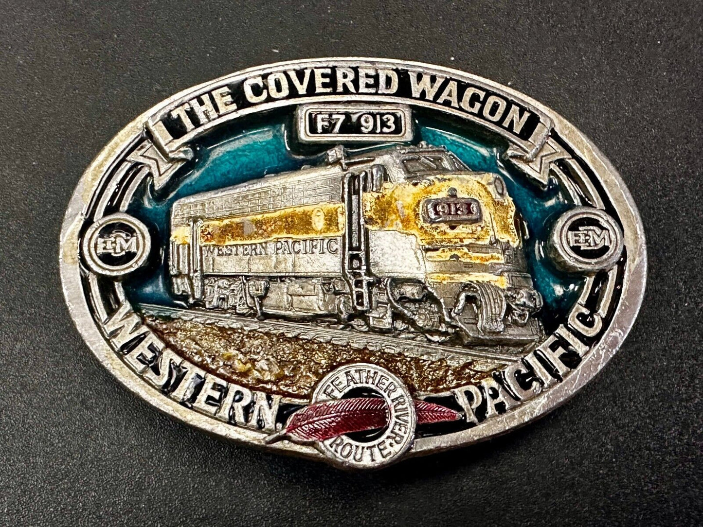The Covered Wagon Western Pacific Train RR F7 913 EMD VTG 1986 Belt Buckle by CJ