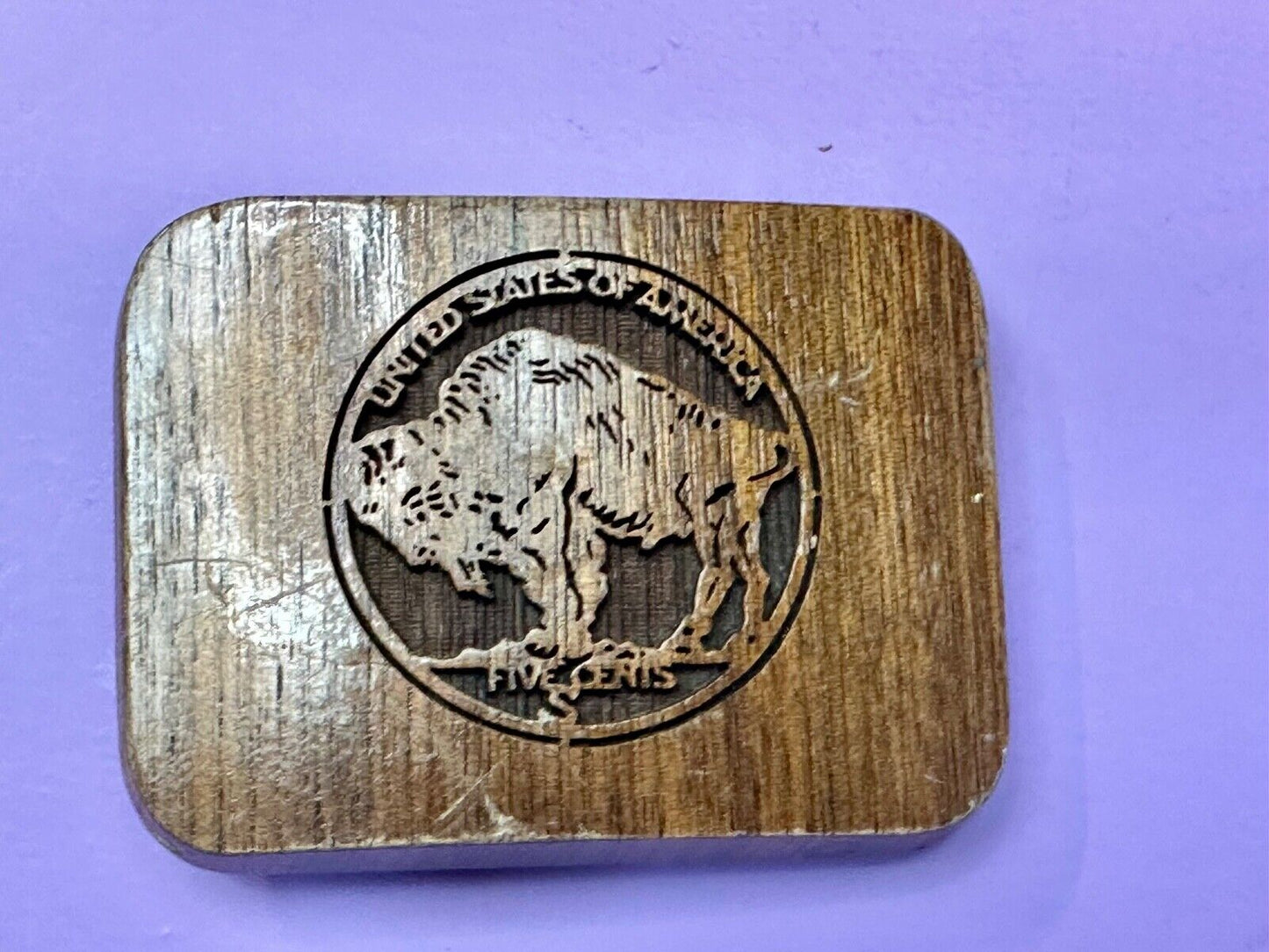 Vintage Buffalo Nickel Five Cents Wood Laser Engraved Lazercraft Belt Buckle USA