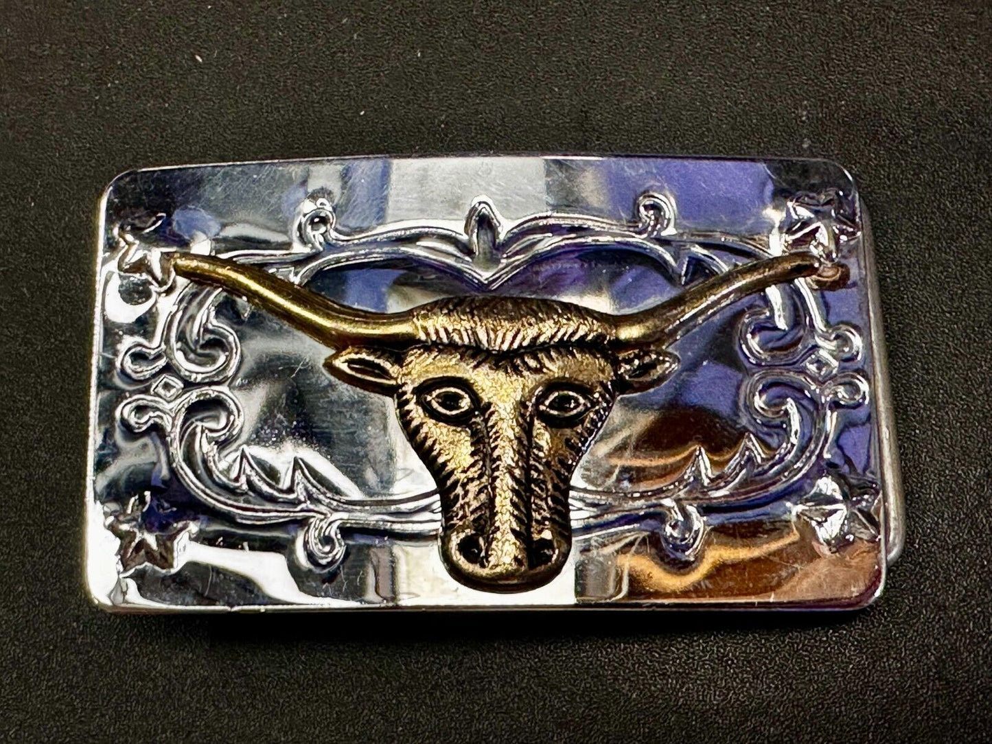 Texas Longhorn Steer Bull Rodeo Two Tone Ornate Western Small Vtg. Belt Buckle