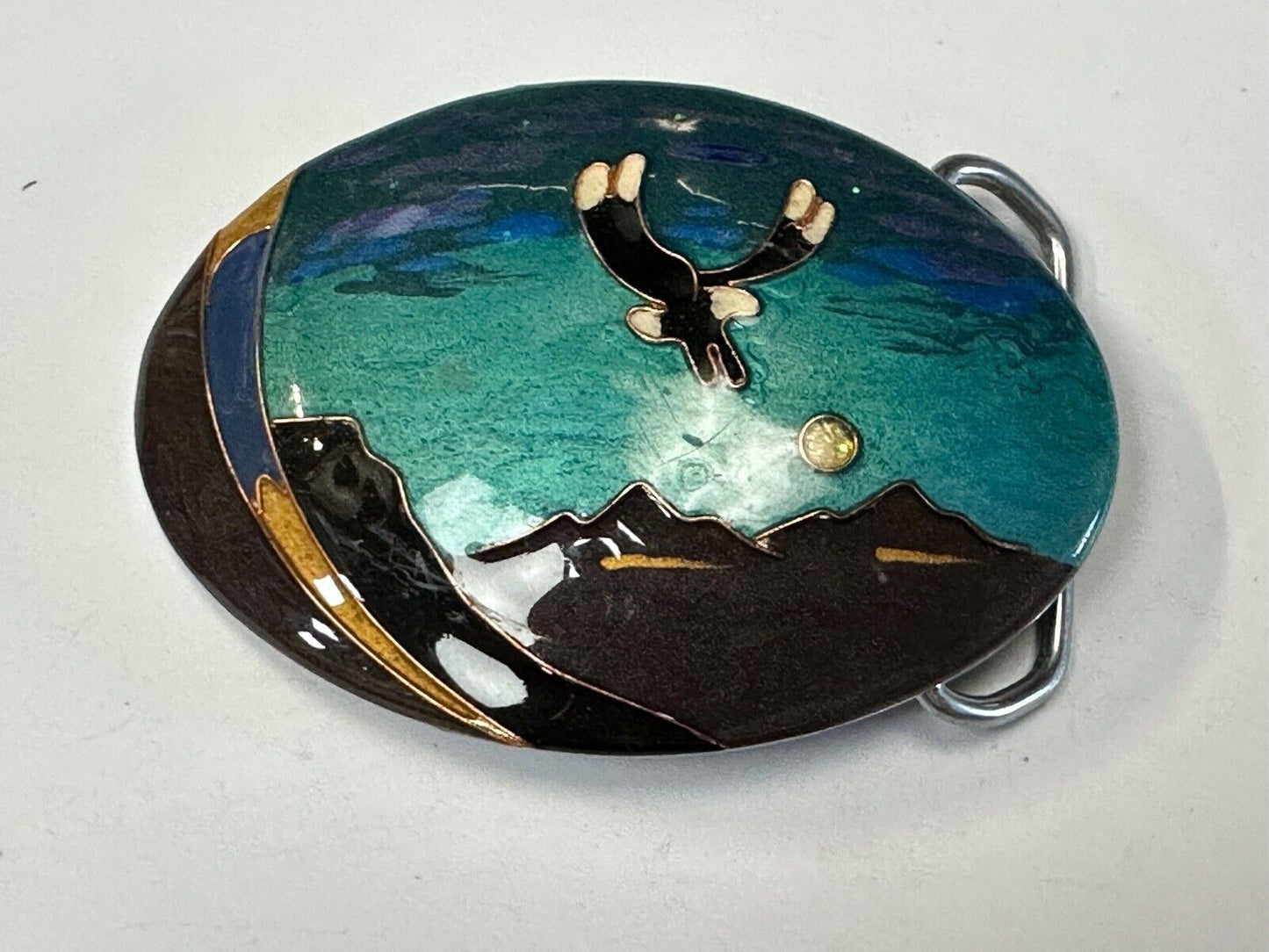 Beautiful flying eagle painting art raised oval belt buckle artist signed LITT