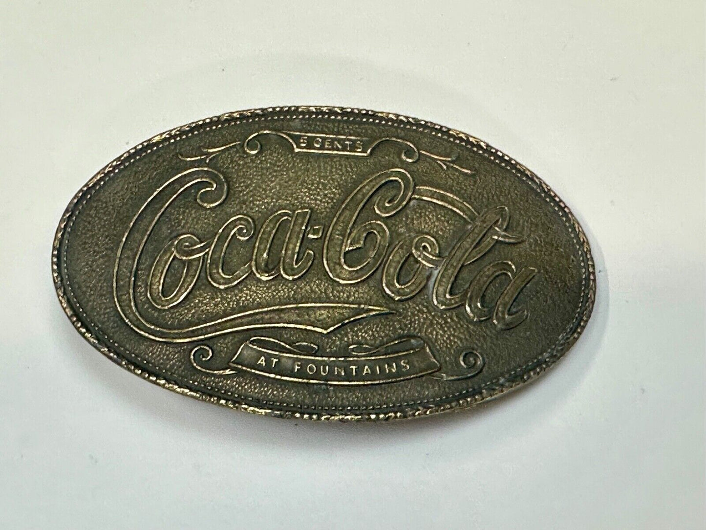 VINTAGE 1970s **COCA-COLA 5 CENTS AT FOUNTAINS** SODA POP BELT BUCKLE
