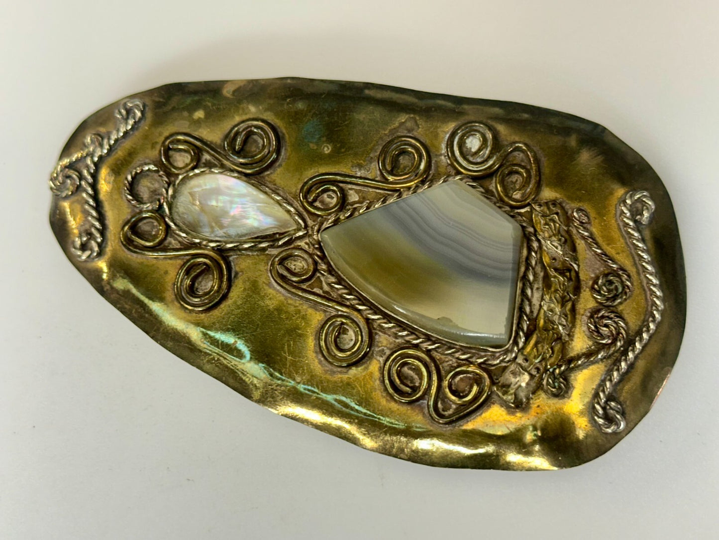 Artisan Mixed Stone Shell Art Nouveau Boho Brass Hippy Vibe Large Belt Buckle