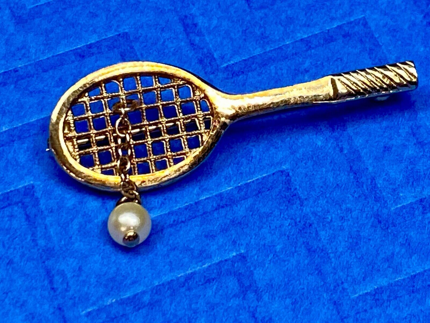 Vintage Avon Jewelry Goldtone Tennis Racquet Brooch Faux Pearl Ball, 1 3/4" long