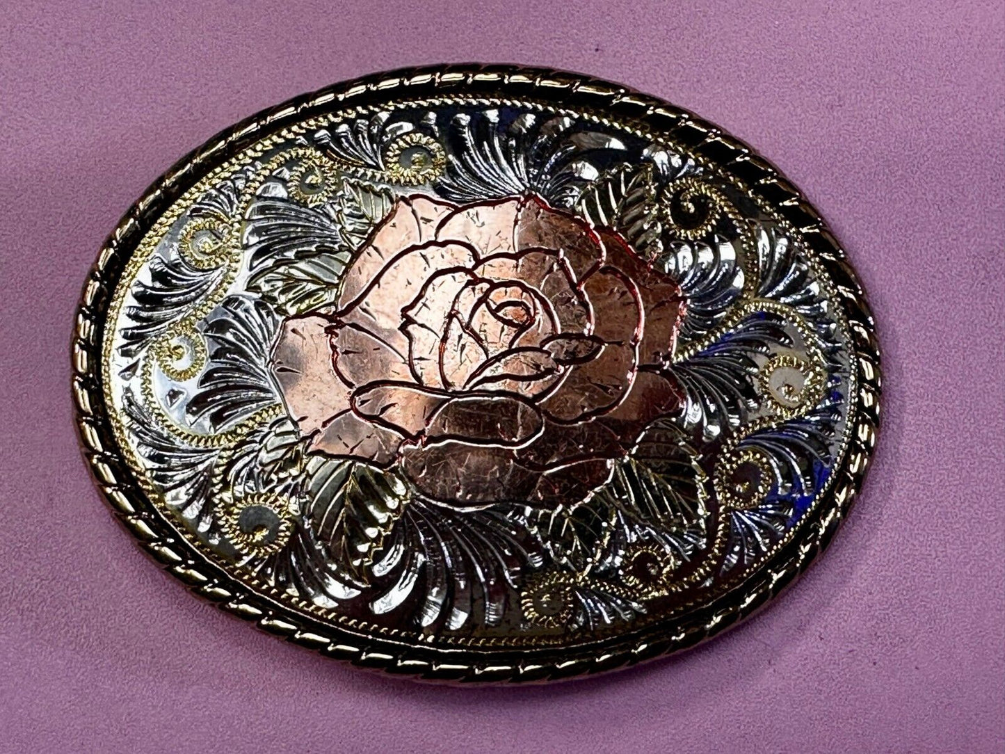Beautiful Rose Small Etched Flower Swirl Design Vintage Belt Buckle W USA Made