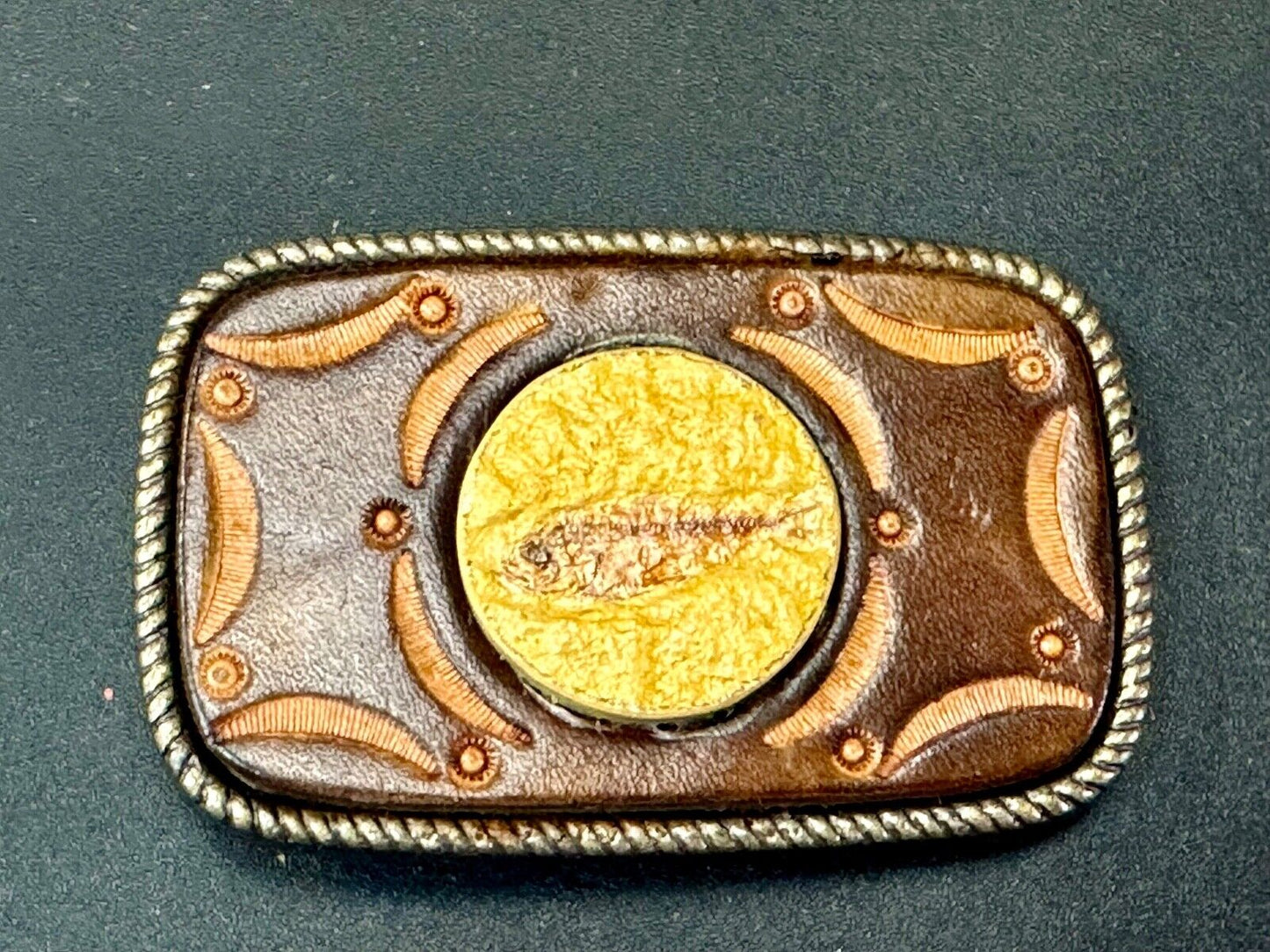 Unique artisan FISH drawing as centerpiece belt buckle - faux? leather backing
