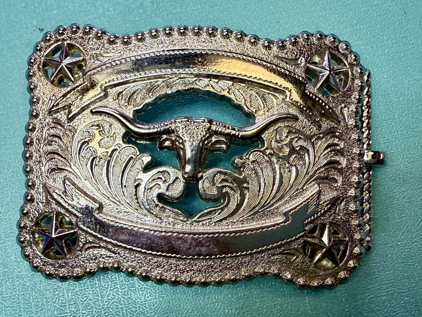 Texas Longhorn Cutout See Through Silver Tone Belt Buckle W/ Stars Award Ribbon