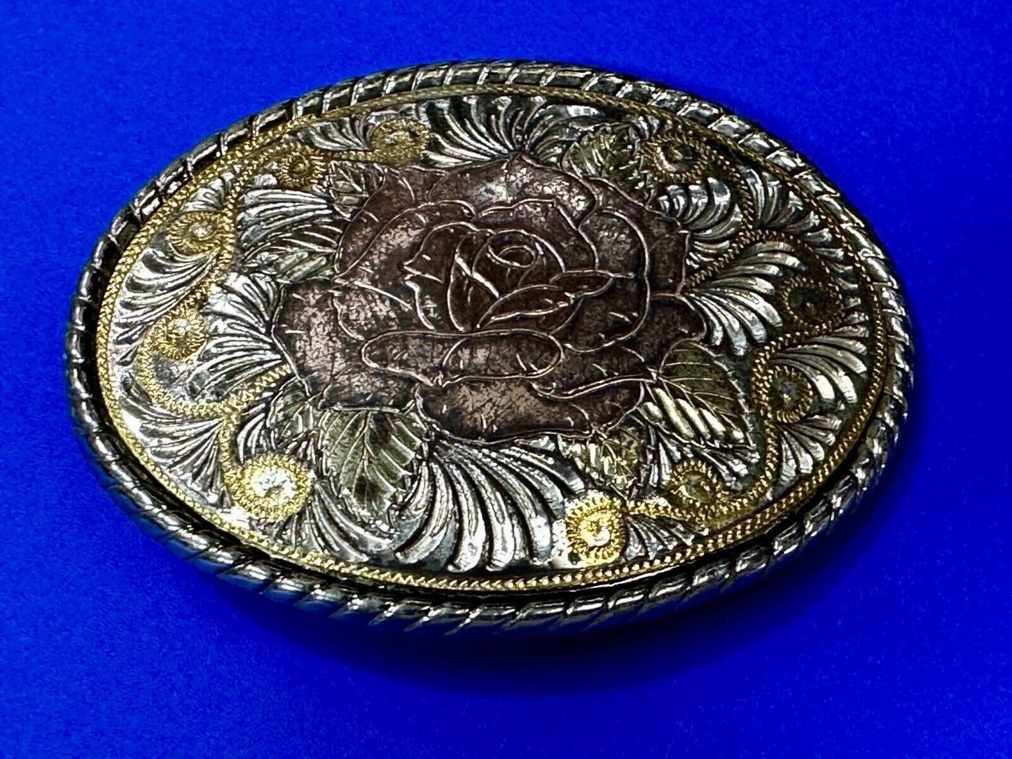 Beautiful Rose Flower Swirl Etched Design Mixed Metal Belt Buckle by W